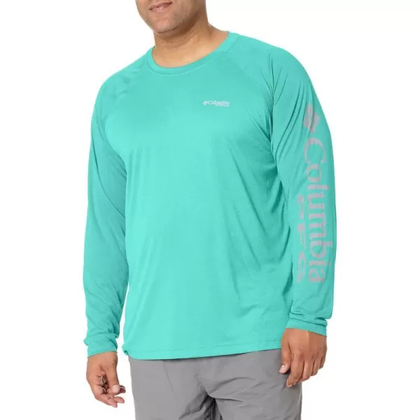 Columbia Mens Terminal Tackle Long Sleeve Shirt Wicking MaterialElectric Turquoise HeatherCool Grey Logo