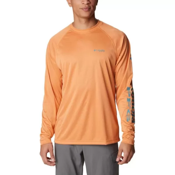 Columbia Mens Terminal Tackle Long Sleeve Shirt Wicking MaterialOrange Reef HeatherTranquil Teal Logo