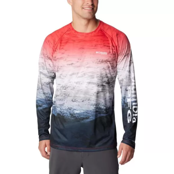 Columbia Mens Terminal Tackle Long Sleeve Shirt Wicking MaterialRed Spark Deepsea Fade