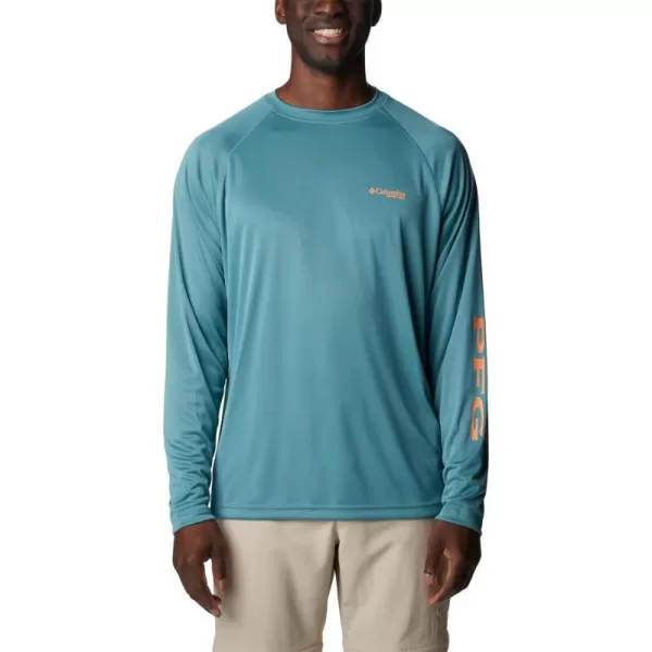 Columbia Mens Terminal Tackle Long Sleeve Shirt Wicking MaterialTranquil TealOrange Reef Logo