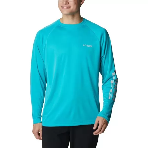 Columbia Mens Terminal Tackle Long Sleeve Shirt Wicking MaterialTurquoiseCool Grey Logo