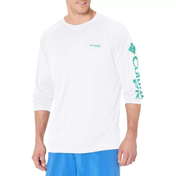 Columbia Mens Terminal Tackle Long Sleeve Shirt Wicking MaterialWhiteBright Aqua Logo