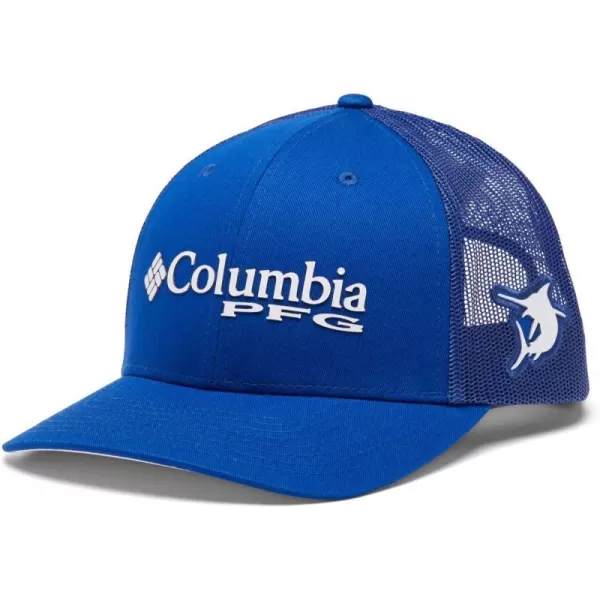 Columbia Womens PFG Logo Mesh Ball CapHigh CrownBlue MacawWhiteMarlin