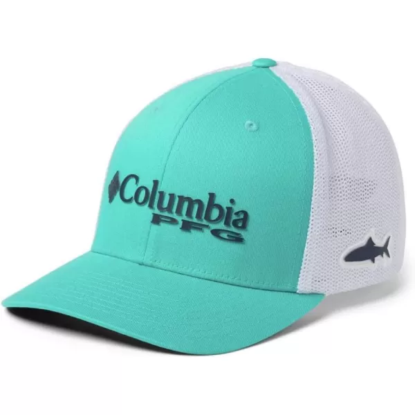 Columbia Womens PFG Logo Mesh Ball CapHigh CrownBright Aqua  White  Coll Navy  Bonefish