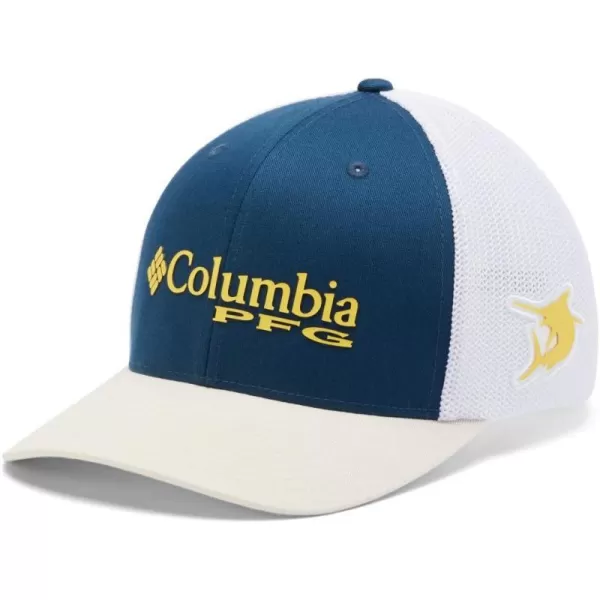 Columbia Womens PFG Logo Mesh Ball CapHigh CrownPetrol Blue  Sun Glow  Sail Fish