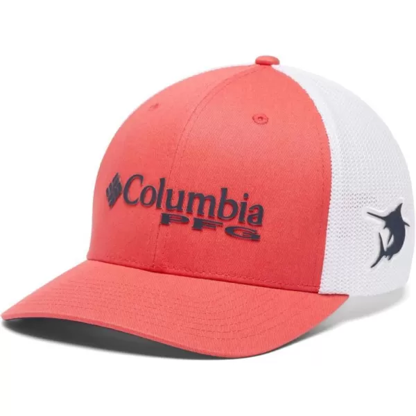 Columbia Womens PFG Logo Mesh Ball CapHigh CrownSunset RedCollegiate Navy