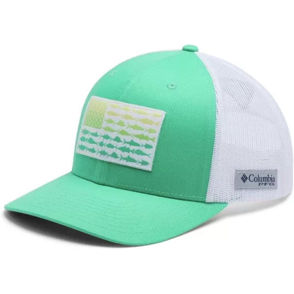 Columbia unisexadult Pfg Fish Flag Mesh Snap BackDark LimeWhiteTitanium