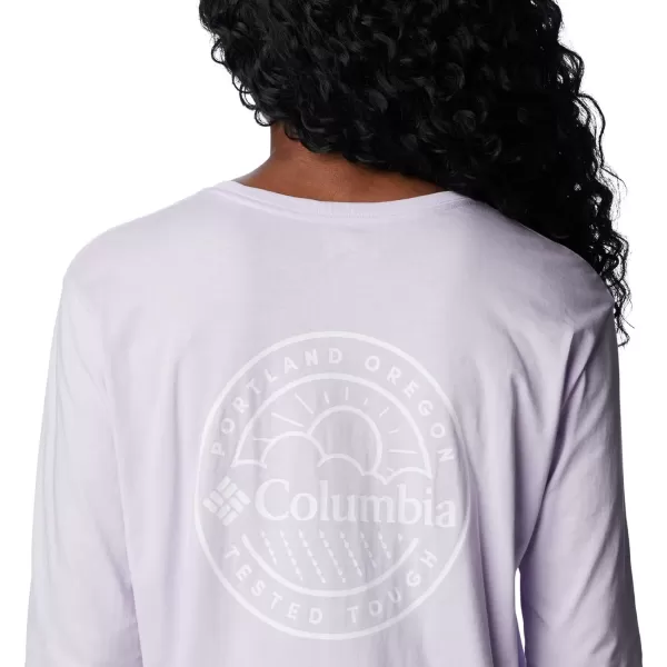 Columbia Womens North Cascades Back Graphic Long Sleeve TeePurple TintPdx Tested Tough Graphic