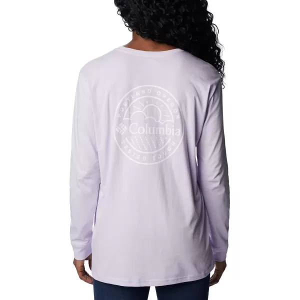 Columbia Womens North Cascades Back Graphic Long Sleeve TeePurple TintPdx Tested Tough Graphic