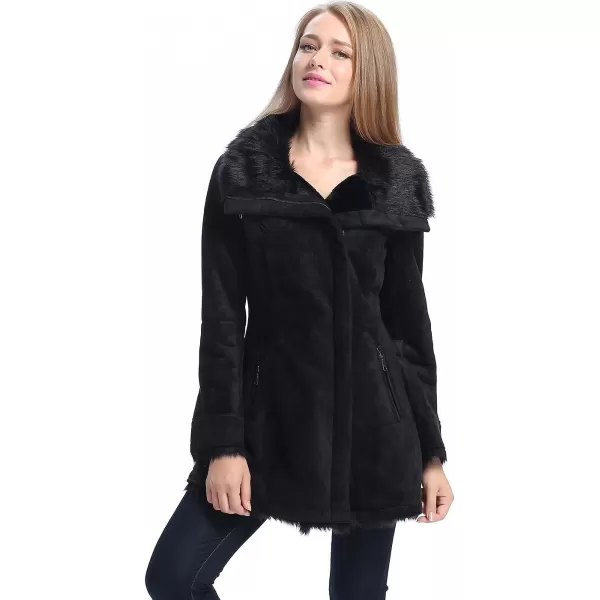 BGSD Womens Zara Asymmetrical Zip Front Faux Shearling Walking Coat Black LargeBGSD Womens Zara Asymmetrical Zip Front Faux Shearling Walking Coat Black Large