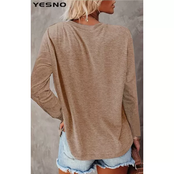 YESNO Women Casual Loose Long Sleeve Shirts Crewneck Solid Tops Pullover Sweatshirts with Pocket TY21ty2 Khaki