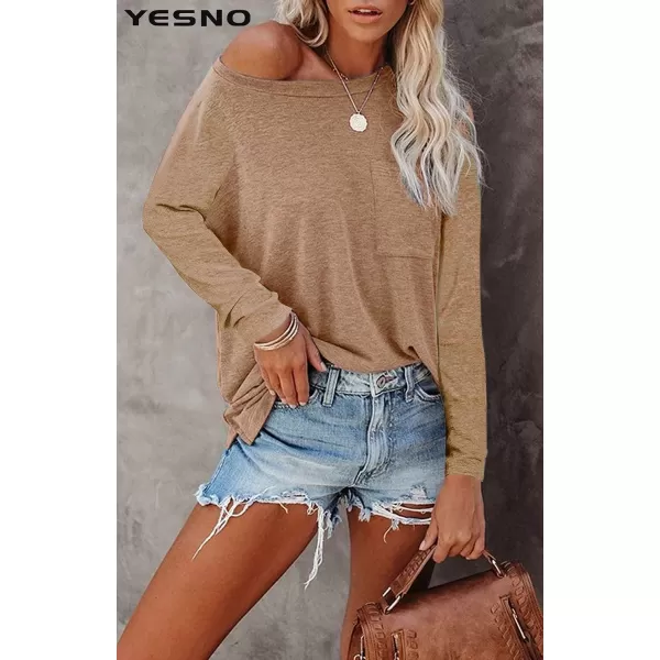 YESNO Women Casual Loose Long Sleeve Shirts Crewneck Solid Tops Pullover Sweatshirts with Pocket TY21ty2 Khaki