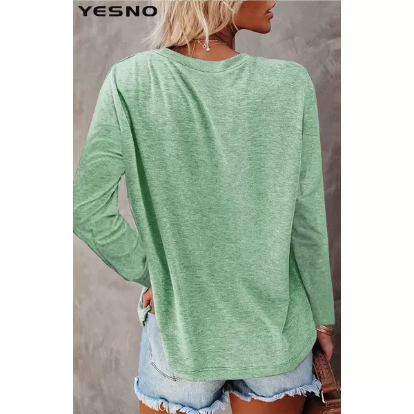 YESNO Women Casual Loose Long Sleeve Shirts Crewneck Solid Tops Pullover Sweatshirts with Pocket TY2Ty2 Green