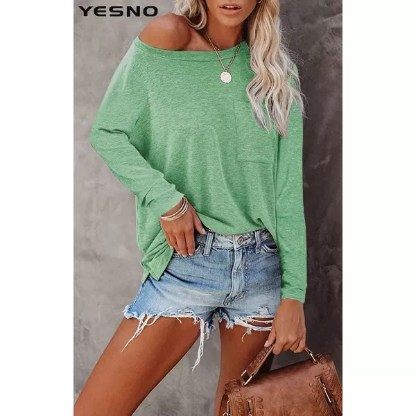 YESNO Women Casual Loose Long Sleeve Shirts Crewneck Solid Tops Pullover Sweatshirts with Pocket TY2Ty2 Green