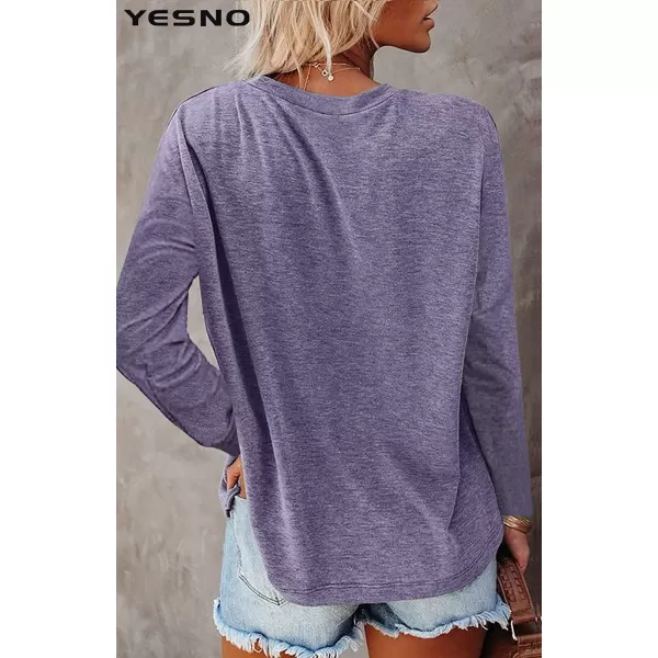 YESNO Women Casual Loose Long Sleeve Shirts Crewneck Solid Tops Pullover Sweatshirts with Pocket TY2Ty2 Purple