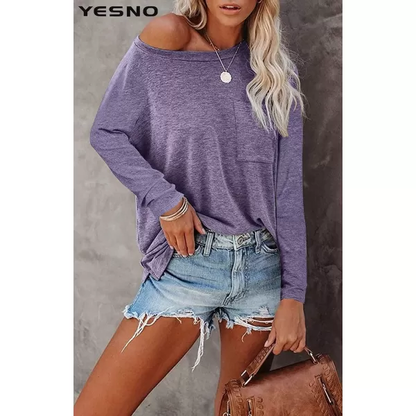 YESNO Women Casual Loose Long Sleeve Shirts Crewneck Solid Tops Pullover Sweatshirts with Pocket TY2Ty2 Purple