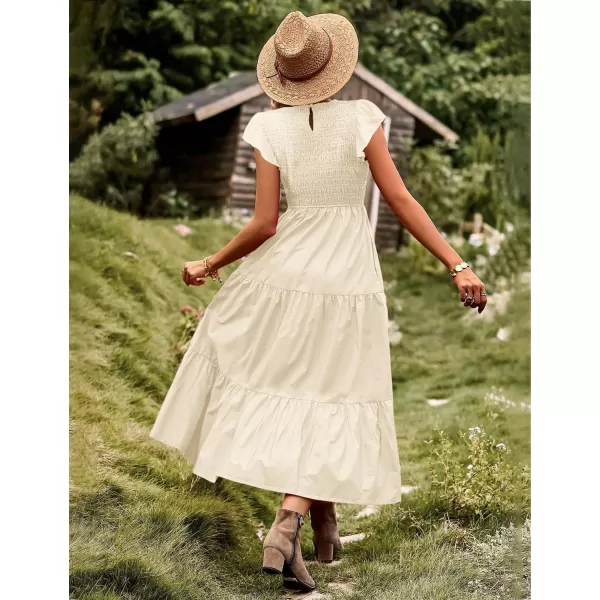 YESNO Women Summer Dresses Ruffle Cap Sleeve Casual Dress Boho Smocked Bodice Maxi Dress with Pockets E05Beige