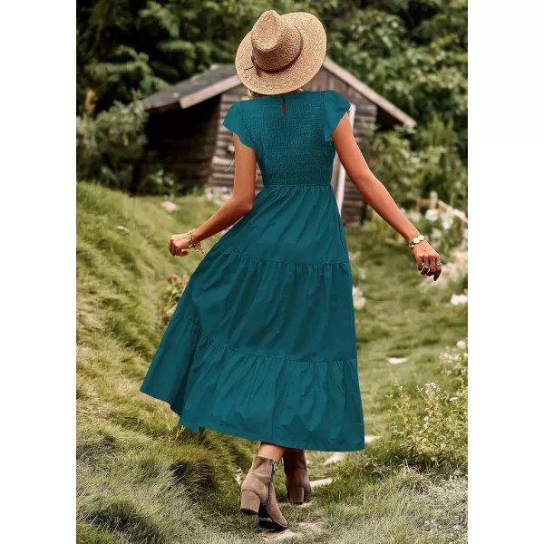 YESNO Women Summer Dresses Ruffle Cap Sleeve Casual Dress Boho Smocked Bodice Maxi Dress with Pockets E05Dark Cyan