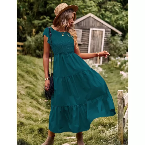 YESNO Women Summer Dresses Ruffle Cap Sleeve Casual Dress Boho Smocked Bodice Maxi Dress with Pockets E05Dark Cyan