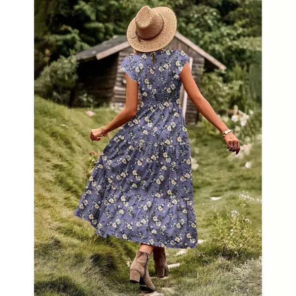 YESNO Women Summer Dresses Ruffle Cap Sleeve Casual Dress Boho Smocked Bodice Maxi Dress with Pockets E05Floral 08