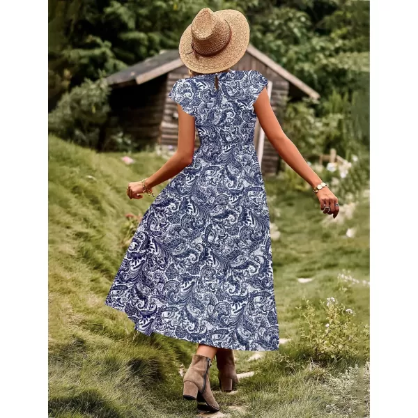 YESNO Women Summer Dresses Ruffle Cap Sleeve Casual Dress Boho Smocked Bodice Maxi Dress with Pockets E05Floral 148