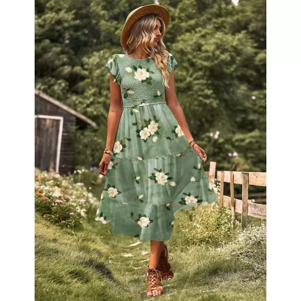 YESNO Women Summer Dresses Ruffle Cap Sleeve Casual Dress Boho Smocked Bodice Maxi Dress with Pockets E05Floral 19