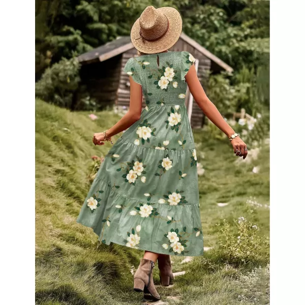 YESNO Women Summer Dresses Ruffle Cap Sleeve Casual Dress Boho Smocked Bodice Maxi Dress with Pockets E05Floral 19