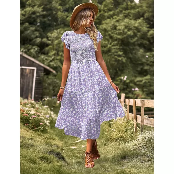 YESNO Women Summer Dresses Ruffle Cap Sleeve Casual Dress Boho Smocked Bodice Maxi Dress with Pockets E05Floral 345