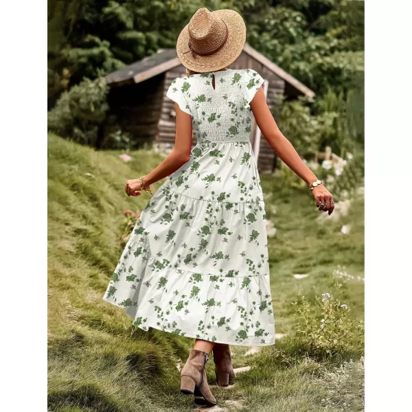 YESNO Women Summer Dresses Ruffle Cap Sleeve Casual Dress Boho Smocked Bodice Maxi Dress with Pockets E05Floral 355