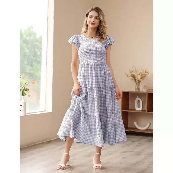 YESNO Women Summer Dresses Ruffle Cap Sleeve Casual Dress Boho Smocked Bodice Maxi Dress with Pockets E05Gray  Plaid