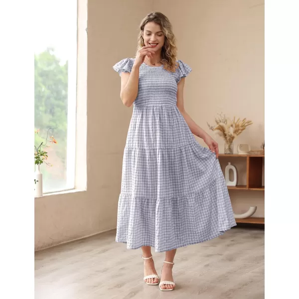 YESNO Women Summer Dresses Ruffle Cap Sleeve Casual Dress Boho Smocked Bodice Maxi Dress with Pockets E05Gray  Plaid