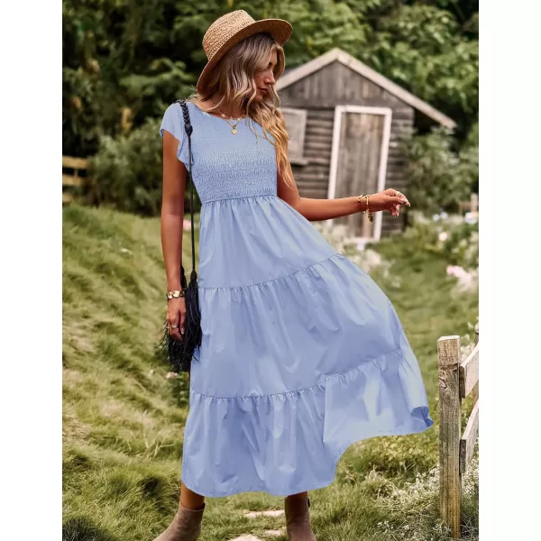 YESNO Women Summer Dresses Ruffle Cap Sleeve Casual Dress Boho Smocked Bodice Maxi Dress with Pockets E05Light Blue