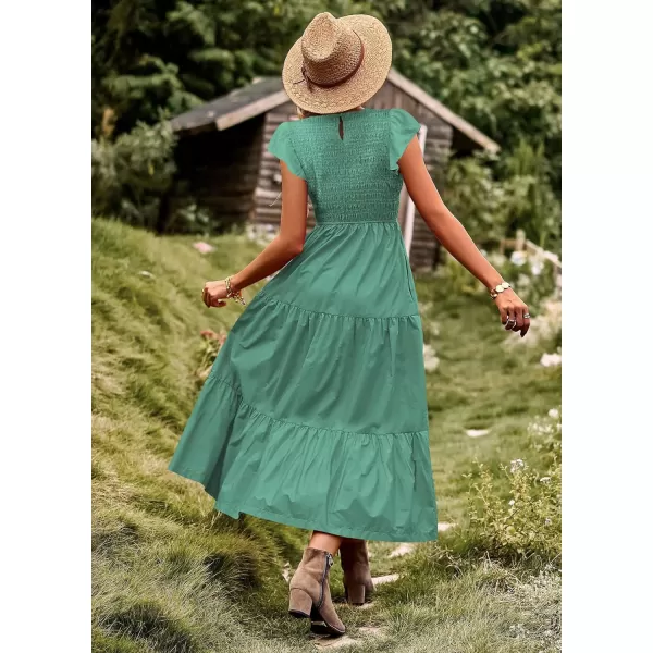 YESNO Women Summer Dresses Ruffle Cap Sleeve Casual Dress Boho Smocked Bodice Maxi Dress with Pockets E05Pea Green