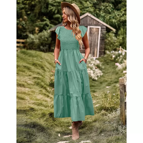 YESNO Women Summer Dresses Ruffle Cap Sleeve Casual Dress Boho Smocked Bodice Maxi Dress with Pockets E05Pea Green