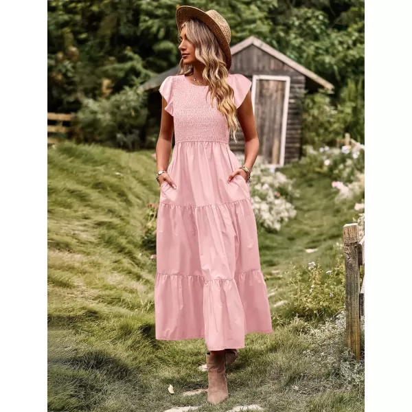 YESNO Women Summer Dresses Ruffle Cap Sleeve Casual Dress Boho Smocked Bodice Maxi Dress with Pockets E05Pink