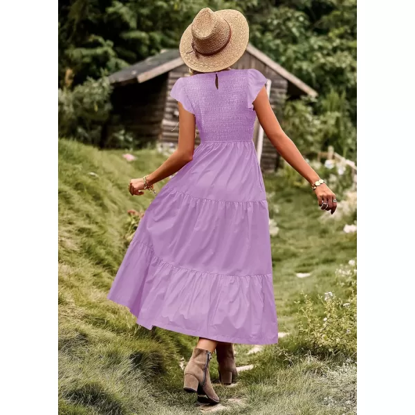 YESNO Women Summer Dresses Ruffle Cap Sleeve Casual Dress Boho Smocked Bodice Maxi Dress with Pockets E05Purple