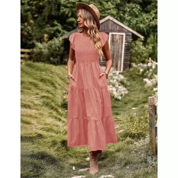 YESNO Women Summer Dresses Ruffle Cap Sleeve Casual Dress Boho Smocked Bodice Maxi Dress with Pockets E05Salmon