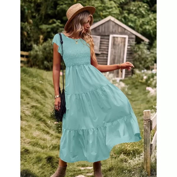 YESNO Women Summer Dresses Ruffle Cap Sleeve Casual Dress Boho Smocked Bodice Maxi Dress with Pockets E05Turquoise