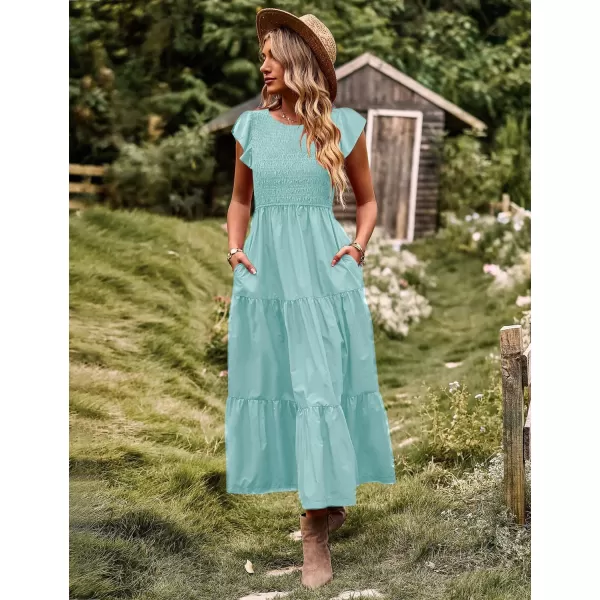 YESNO Women Summer Dresses Ruffle Cap Sleeve Casual Dress Boho Smocked Bodice Maxi Dress with Pockets E05Turquoise