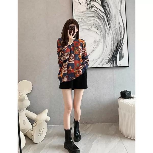 YESNO Women Sweater Graphic Oversized Pullover Sweaters Casual Loose Long Sleeve Knit Tops S01Floral 177