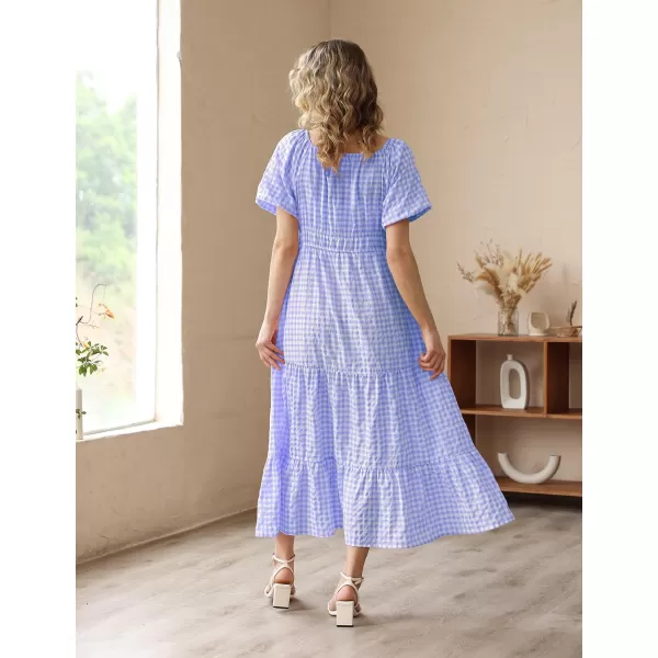 YESNO Womens 2023 Summer Casual Floral Dress Square Neck Puff Short Sleeve Cinched Waist Maxi Dress with Pockets E11Blue  Plaid