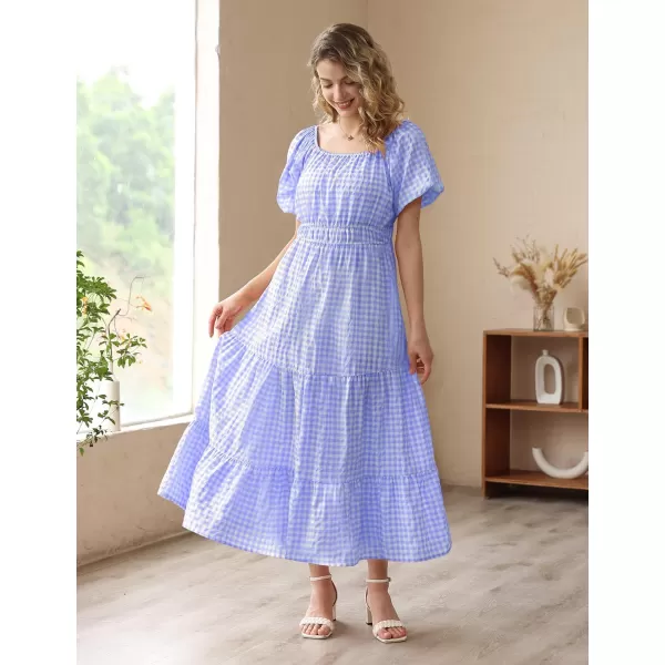 YESNO Womens 2023 Summer Casual Floral Dress Square Neck Puff Short Sleeve Cinched Waist Maxi Dress with Pockets E11Blue  Plaid