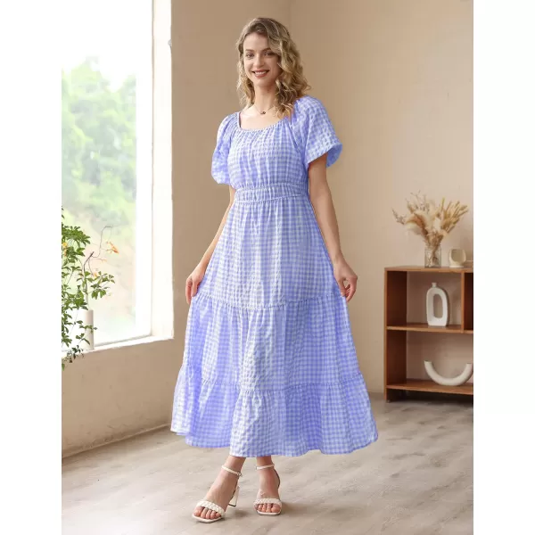 YESNO Womens 2023 Summer Casual Floral Dress Square Neck Puff Short Sleeve Cinched Waist Maxi Dress with Pockets E11Blue  Plaid