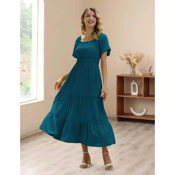 YESNO Womens 2023 Summer Casual Floral Dress Square Neck Puff Short Sleeve Cinched Waist Maxi Dress with Pockets E11Dark Cyan