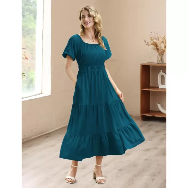 YESNO Womens 2023 Summer Casual Floral Dress Square Neck Puff Short Sleeve Cinched Waist Maxi Dress with Pockets E11Dark Cyan