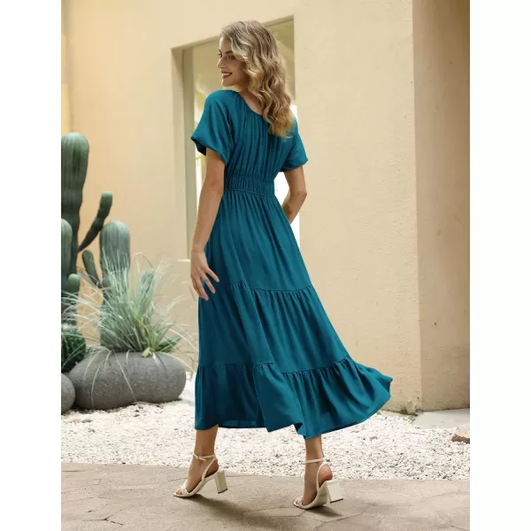 YESNO Womens 2023 Summer Casual Floral Dress Square Neck Puff Short Sleeve Cinched Waist Maxi Dress with Pockets E11Dark Cyan