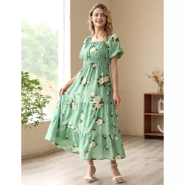 YESNO Womens 2023 Summer Casual Floral Dress Square Neck Puff Short Sleeve Cinched Waist Maxi Dress with Pockets E11Floral 19