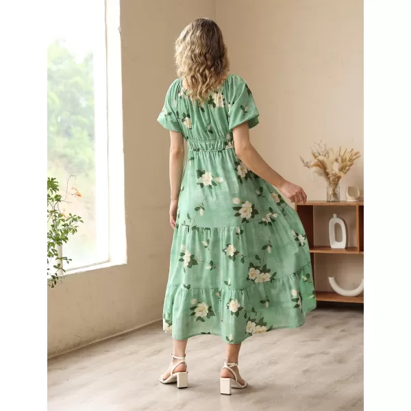 YESNO Womens 2023 Summer Casual Floral Dress Square Neck Puff Short Sleeve Cinched Waist Maxi Dress with Pockets E11Floral 19