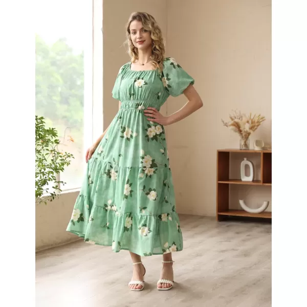 YESNO Womens 2023 Summer Casual Floral Dress Square Neck Puff Short Sleeve Cinched Waist Maxi Dress with Pockets E11Floral 19