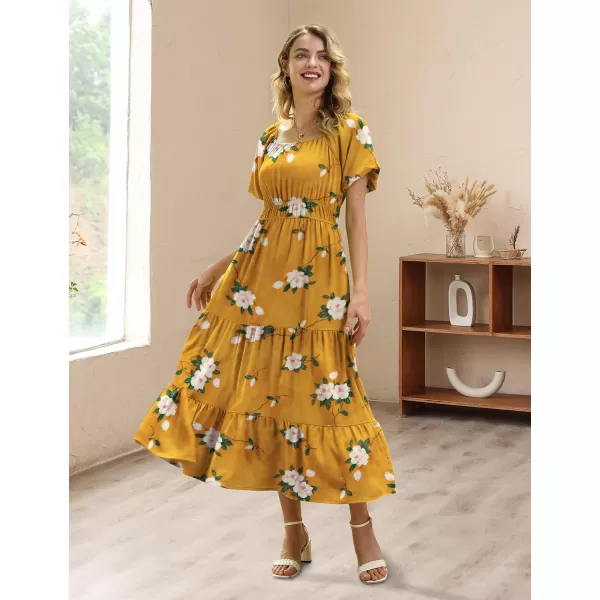 YESNO Womens 2023 Summer Casual Floral Dress Square Neck Puff Short Sleeve Cinched Waist Maxi Dress with Pockets E11Floral 19o